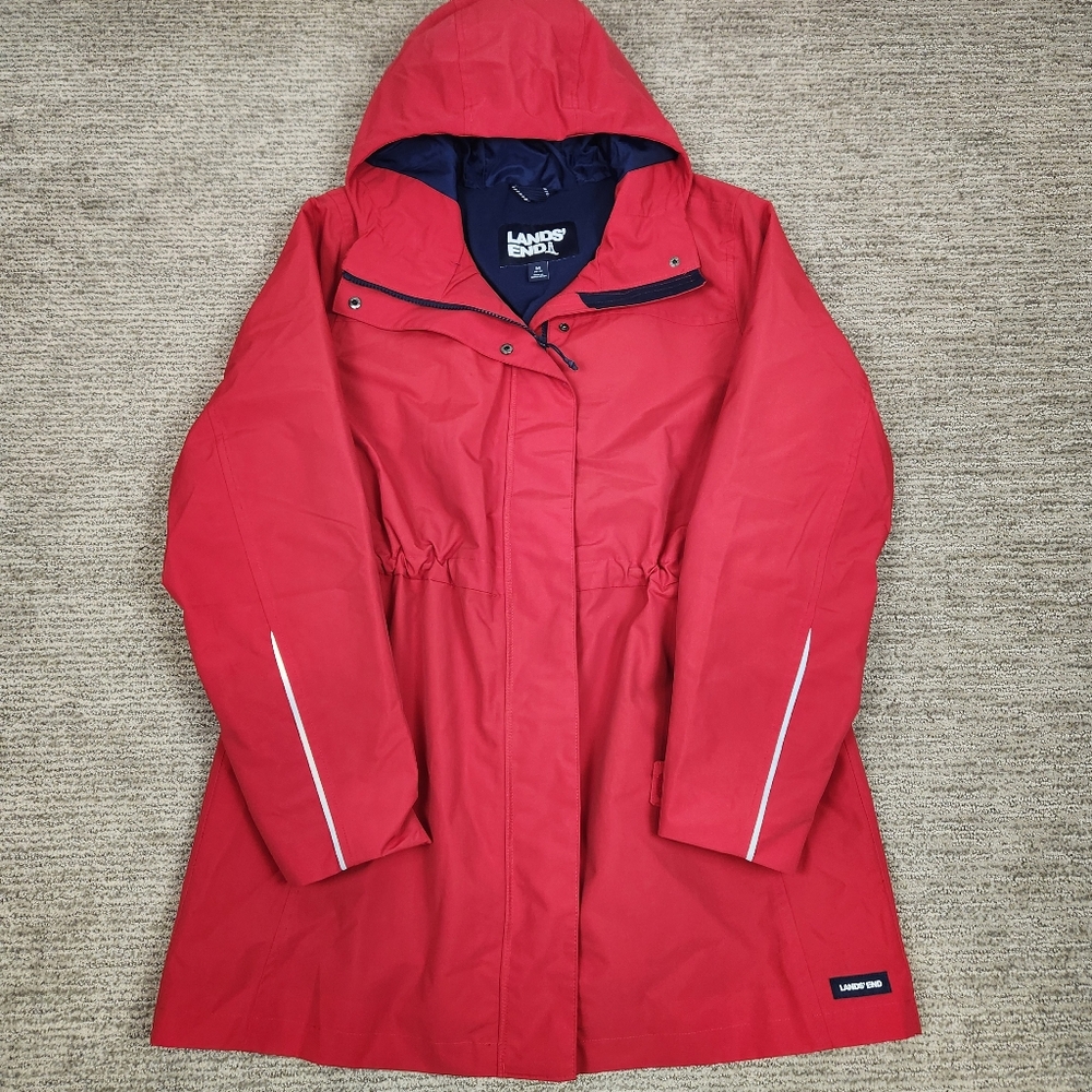 Lands End Fleece Lined Rain Parka Red Waterproof Jacket Waist Cinch, Hood Medium